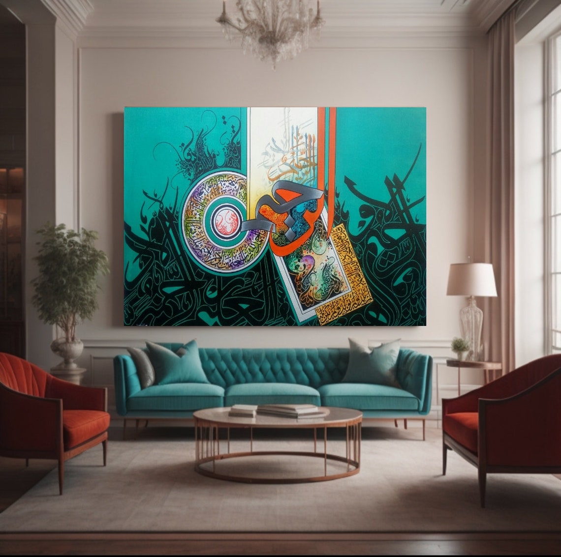 Teal Abstract Islamic Calligraphy White Script Modern Poster - Image 3