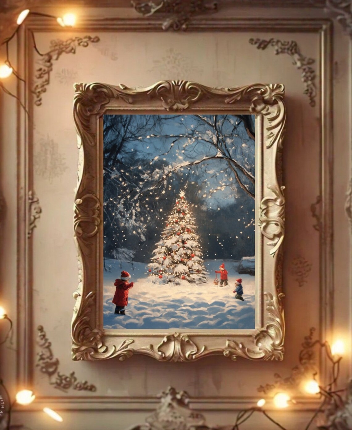 Children Playing Around Snowy Outdoor Christmas Tree Twinkling Poster - Image 2