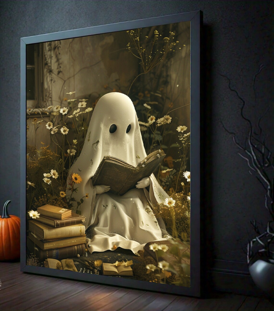 Cute Ghost Reading Book Halloween Art Print - Image 2