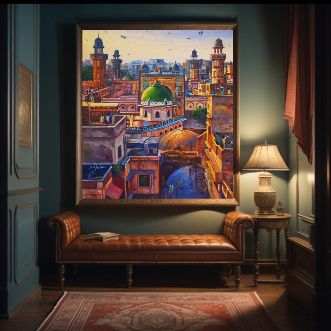Historic Walled City Rooftops Oil Painting Golden Hour Domes Poster