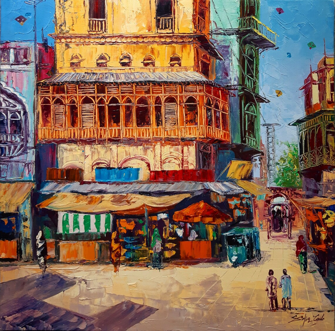 Old City Indian Art Oil Painting, Textured Cityscape - Image 3