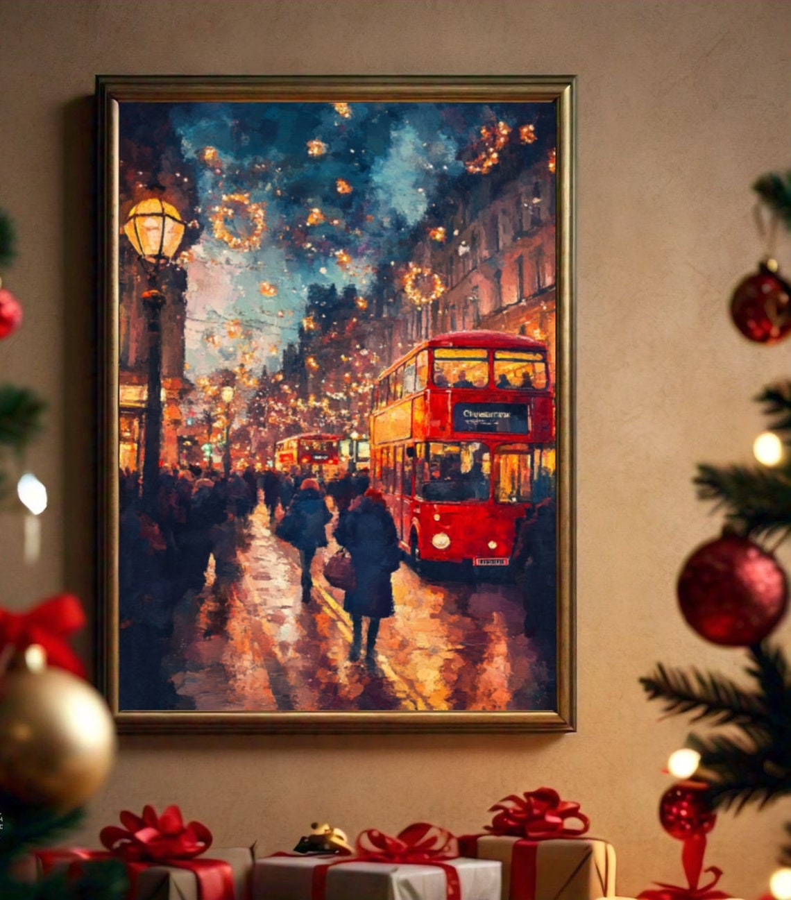 London Christmas Lights Red Double Decker Bus Rainy Evening Poster