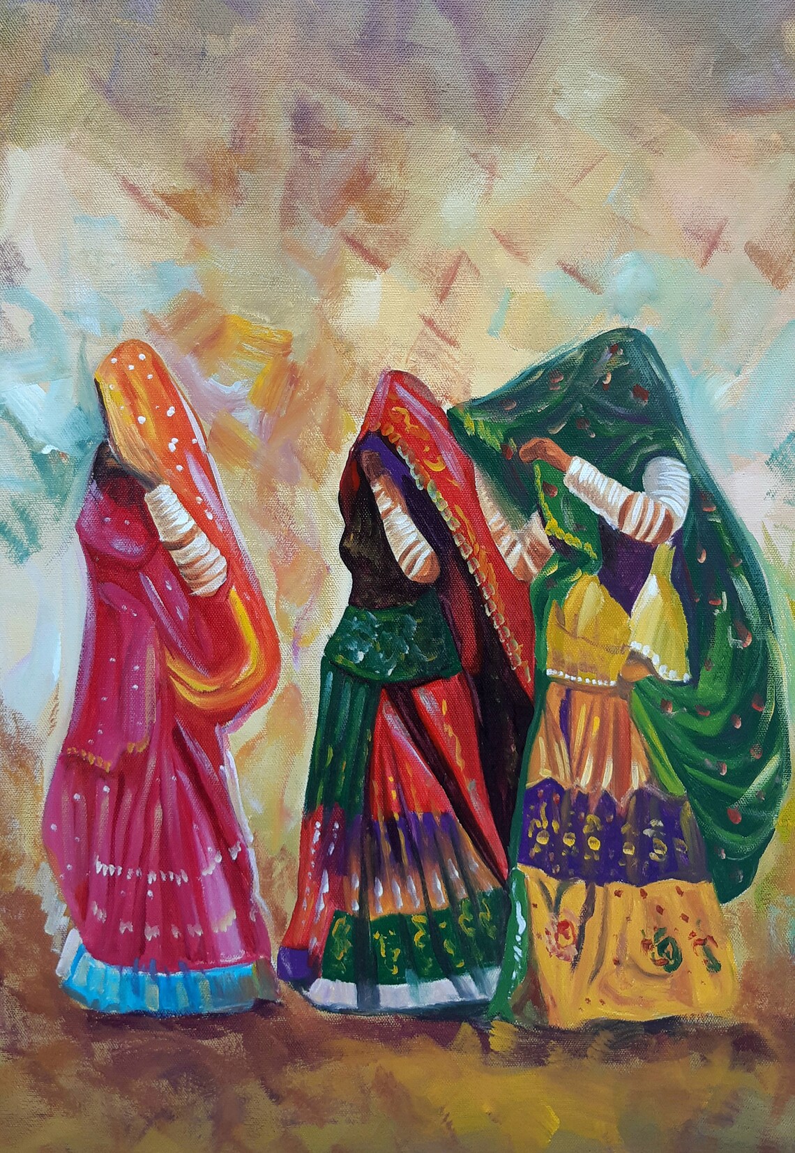 Indian Women in Colorful Saris Traditional Dance Oil Painting Poster - Image 2