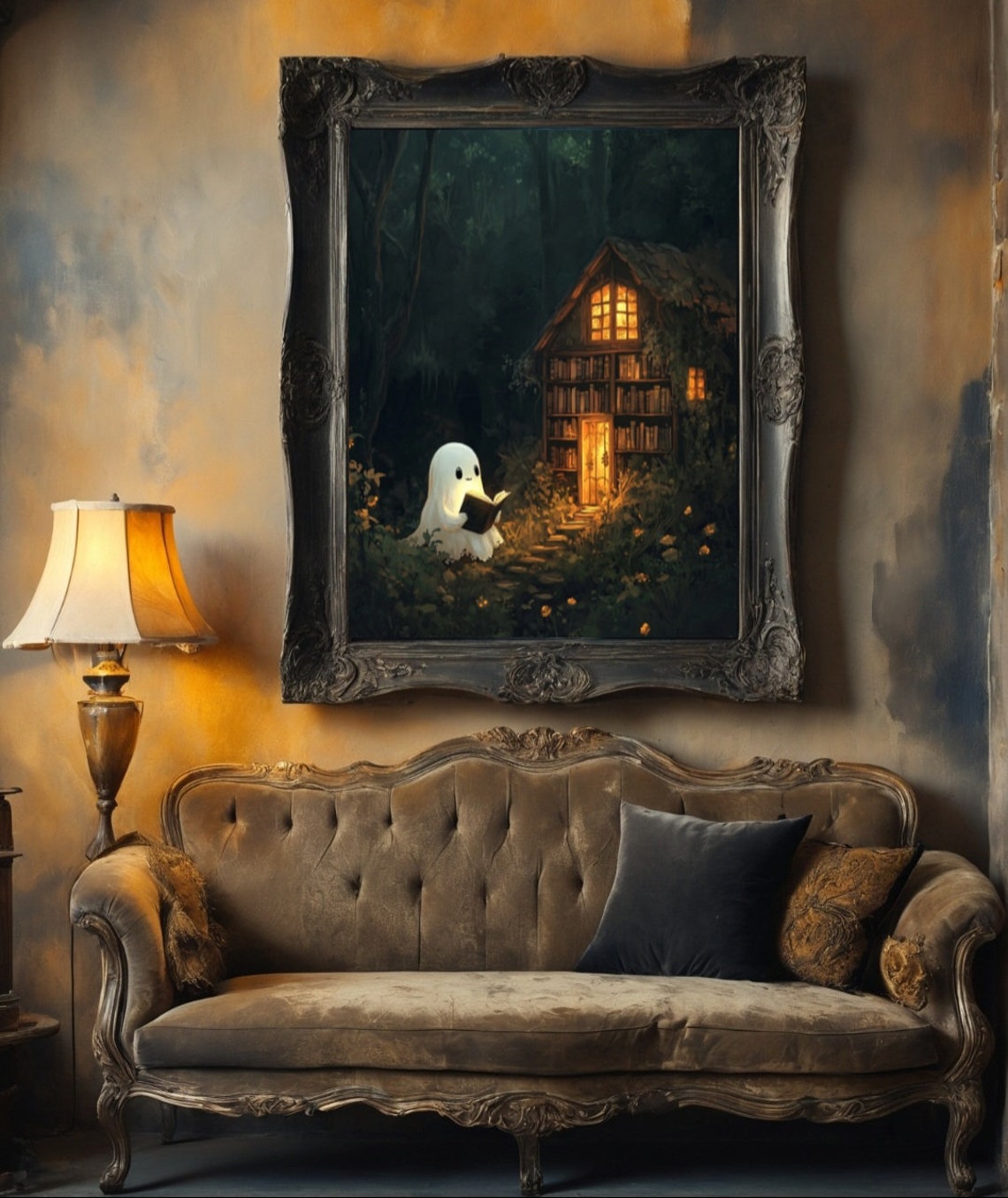 Cute Ghost Reading Book Cozy Forest Cottage Night Spooky Poster - Image 2