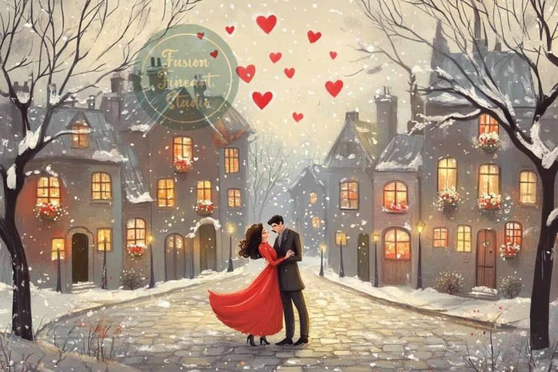 Couple Kissing Snowy Cobblestone Street Floating Hearts Poster - Image 3