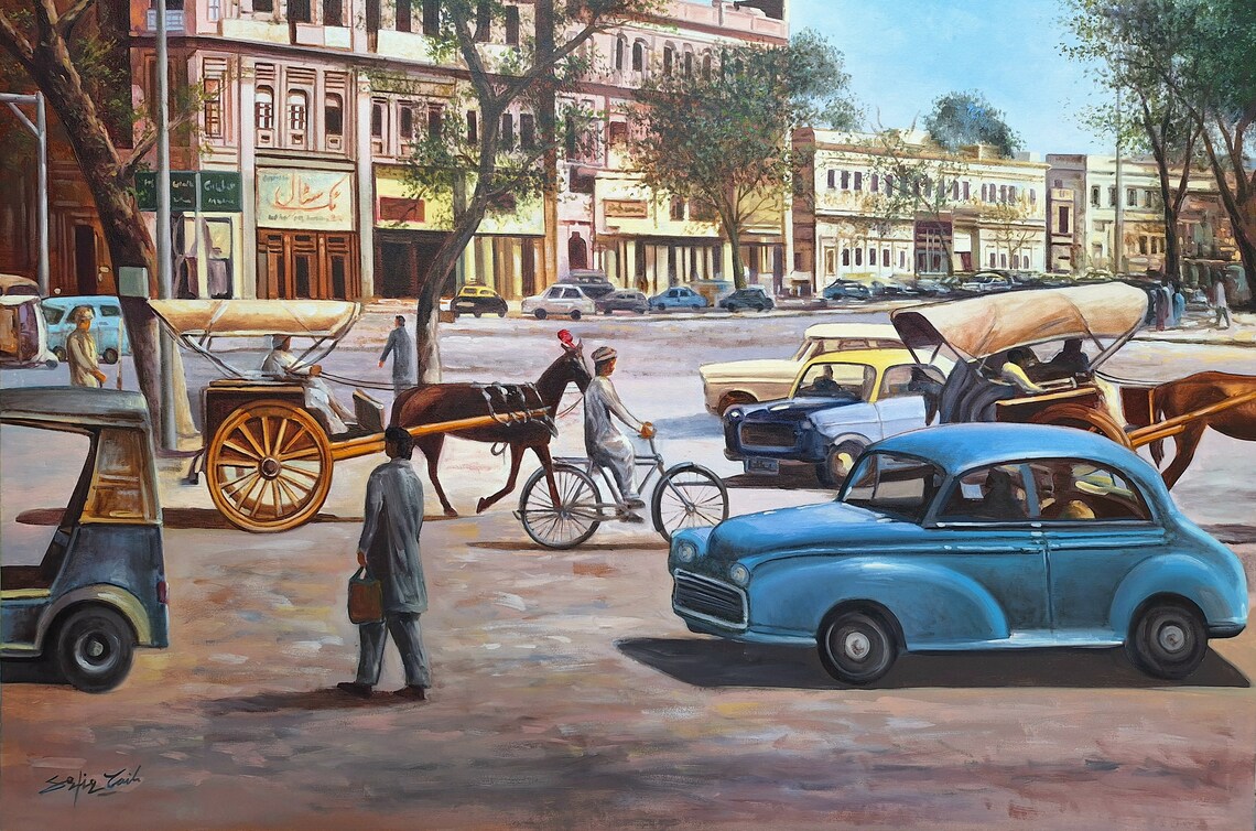 Vintage Old City Street Scene Horse Carriage Classic Car Poster - Image 3