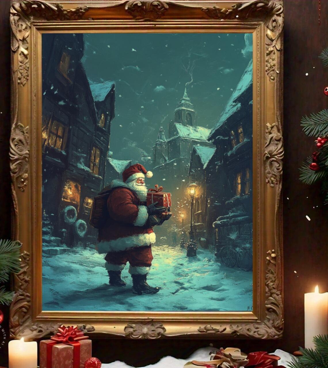 Santa Claus Gifts Snowy Village Street Teal Night Scene Poster