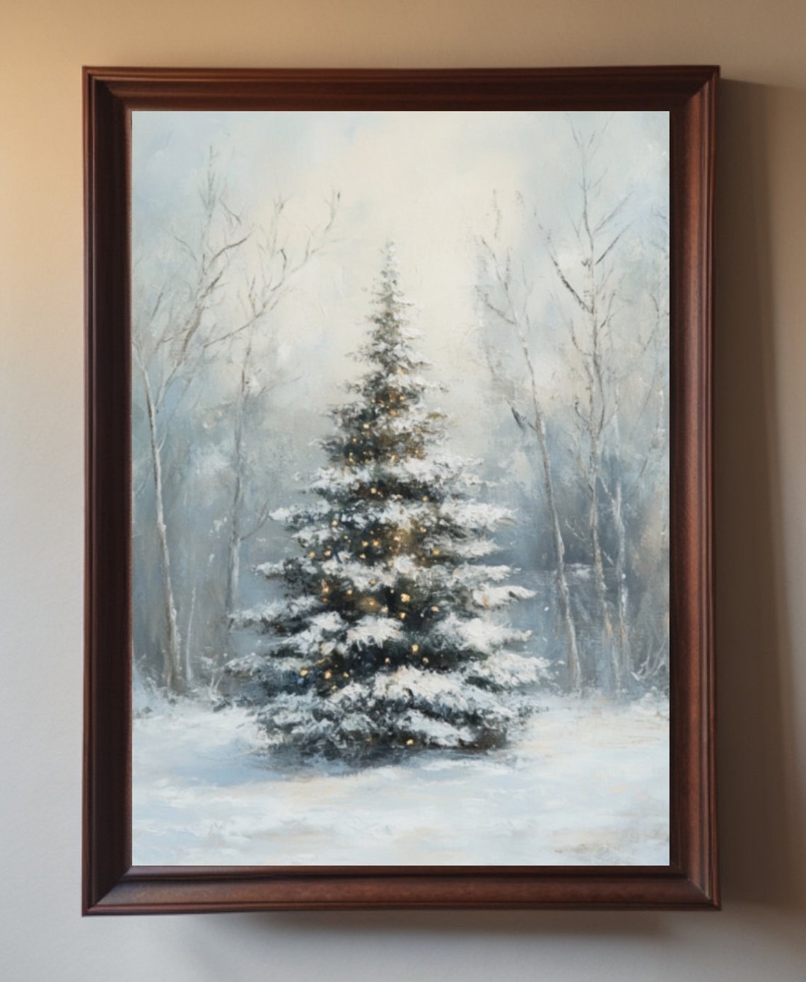 Snow Covered Evergreen in Misty Winter Forest Minimalist Art Poster