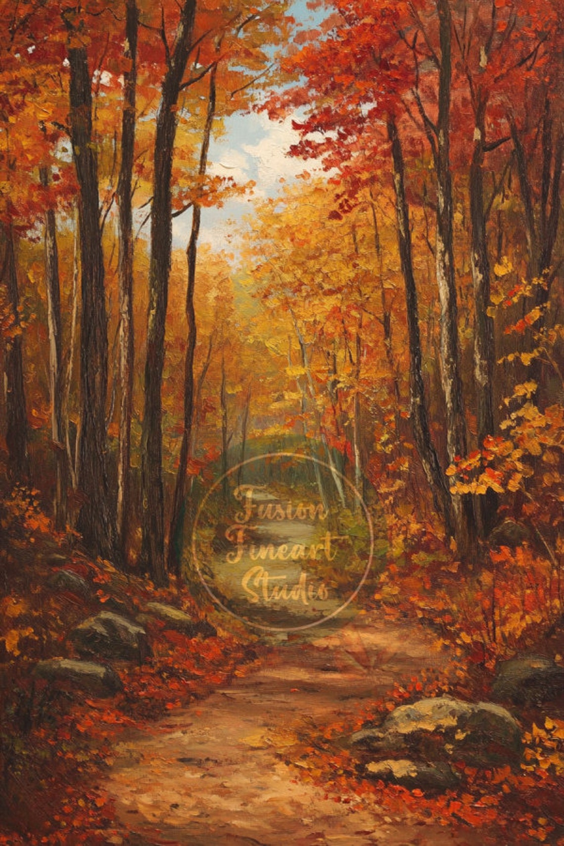 Sunlit Autumn Forest Trail Under Fiery Red Canopy Oil Style Poster - Image 3