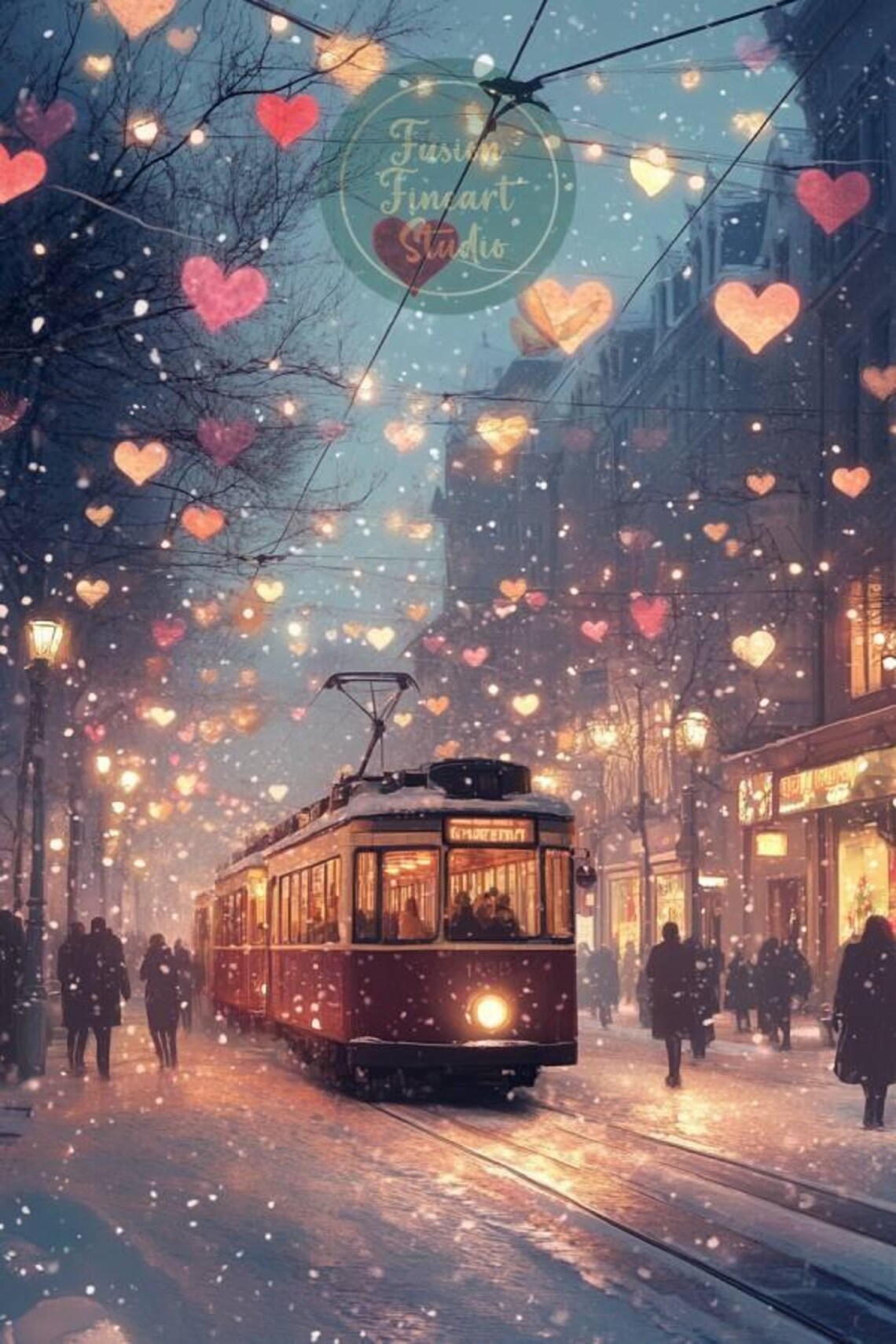 Vintage Tram Snowy City Night Glowing Heart Lanterns Scene Poster - Image 3