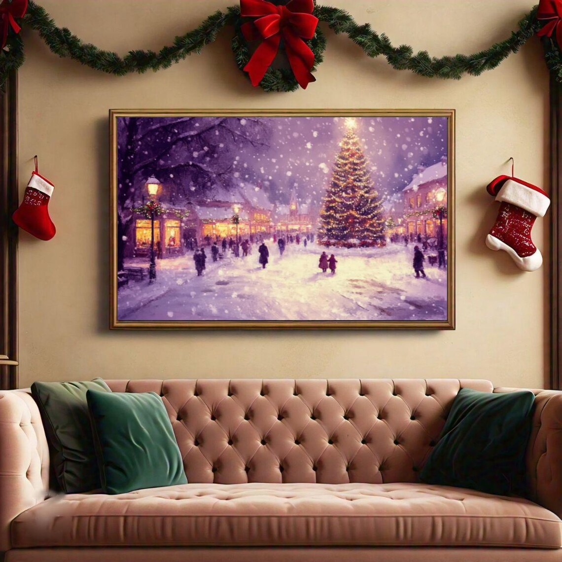 Snowy Christmas Village Square Lit Tree Dusk Winter Wonderland Poster - Image 2