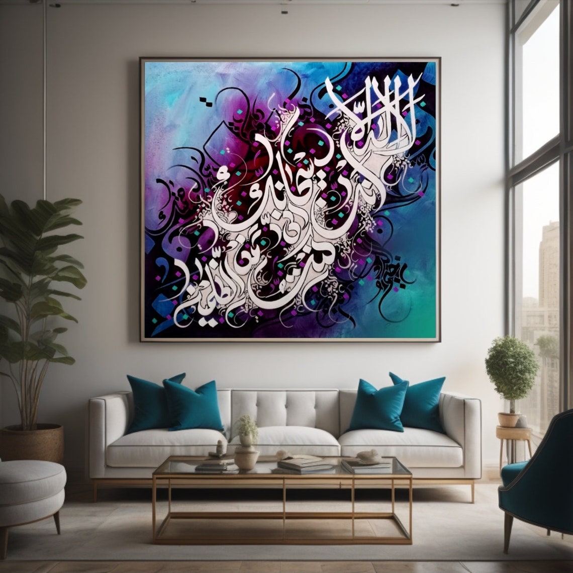 Blue Purple Watercolor Islamic Calligraphy Gemstone Accents Art Poster