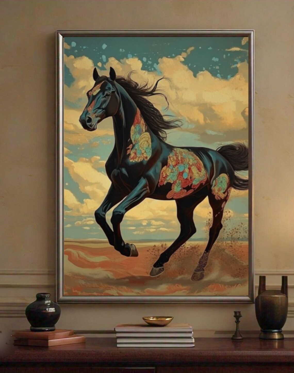 Black Horse Colorful Floral Paint Galloping Desert Clouds Poster - Image 2