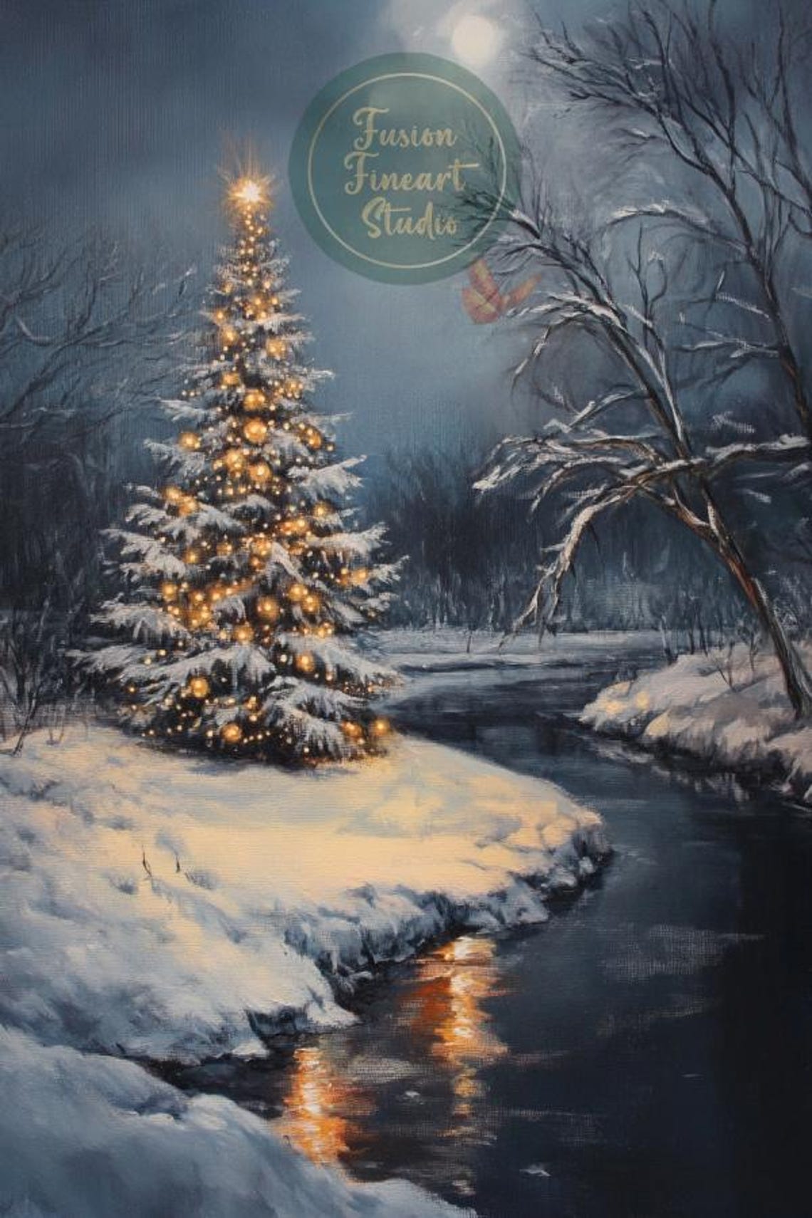 Glowing Christmas Tree Night Snow Stream Moonlit Winter Scene Poster - Image 3