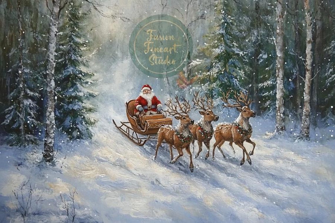 Santa Sleigh Three Reindeer Snowy Birch Forest Winter Poster - Image 3
