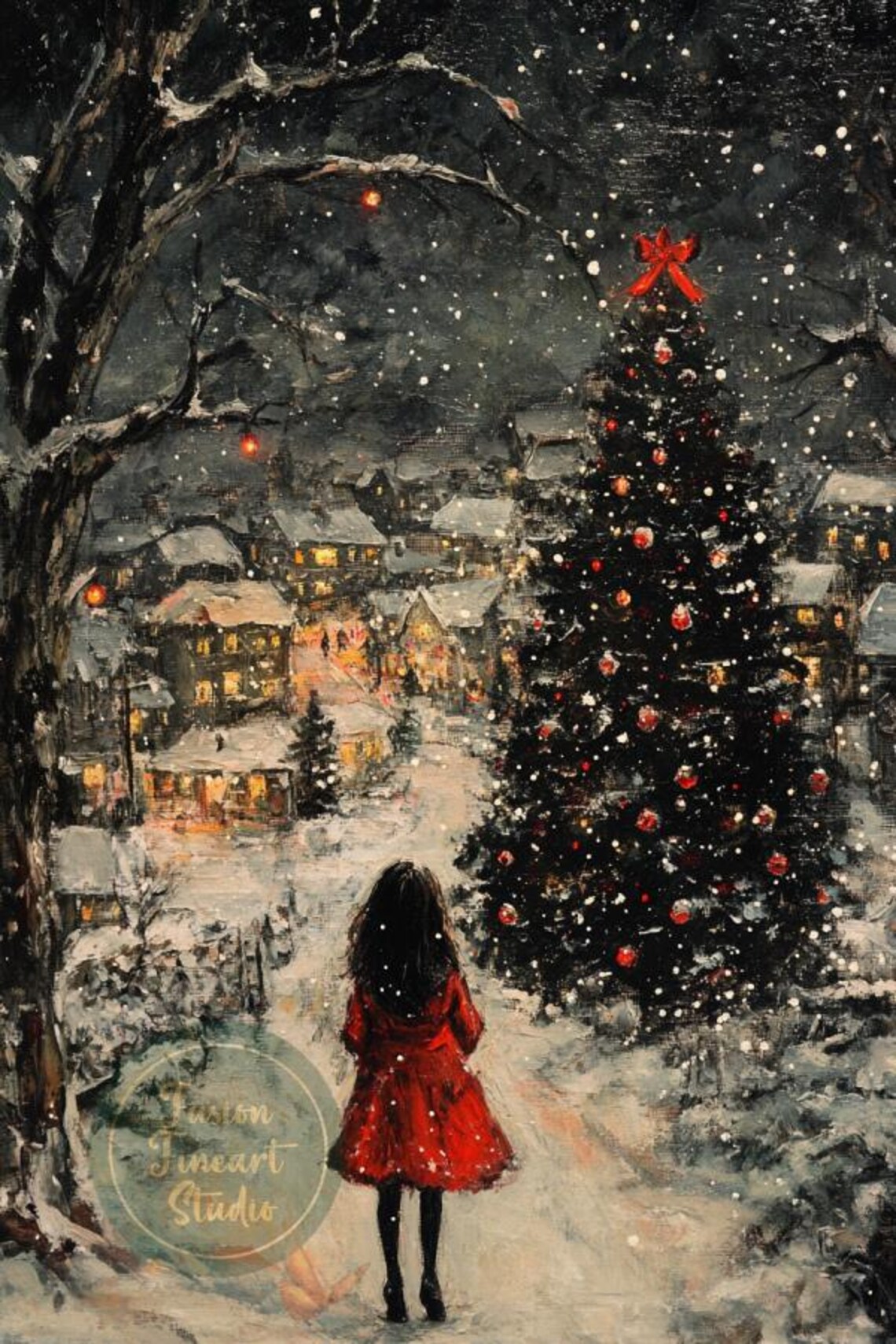 Girl in Red Coat Snowy Christmas Tree Village Night Scene Poster - Image 3