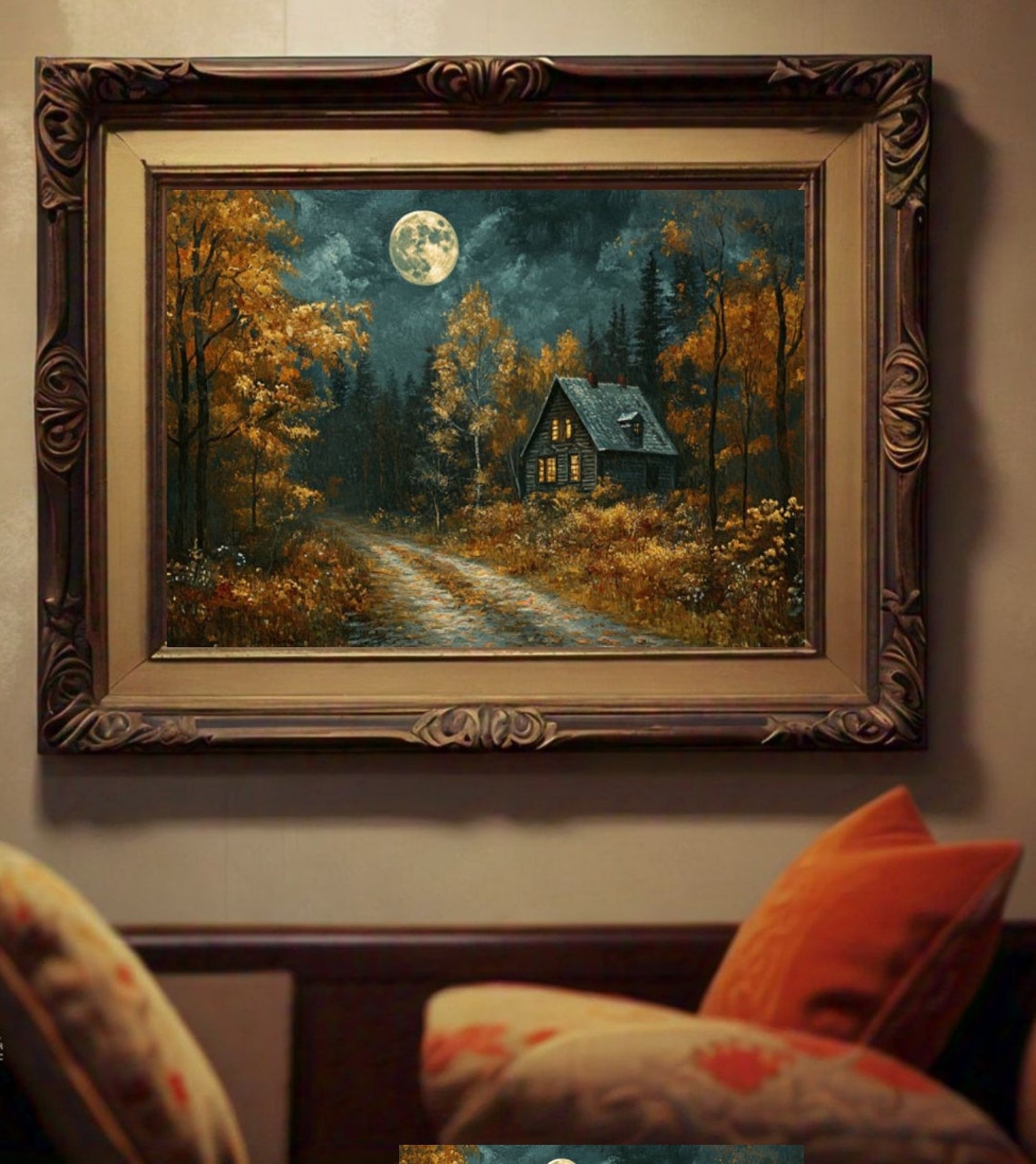 Moonlit Autumn Forest Cabin Golden Trees Night Winding Path Poster