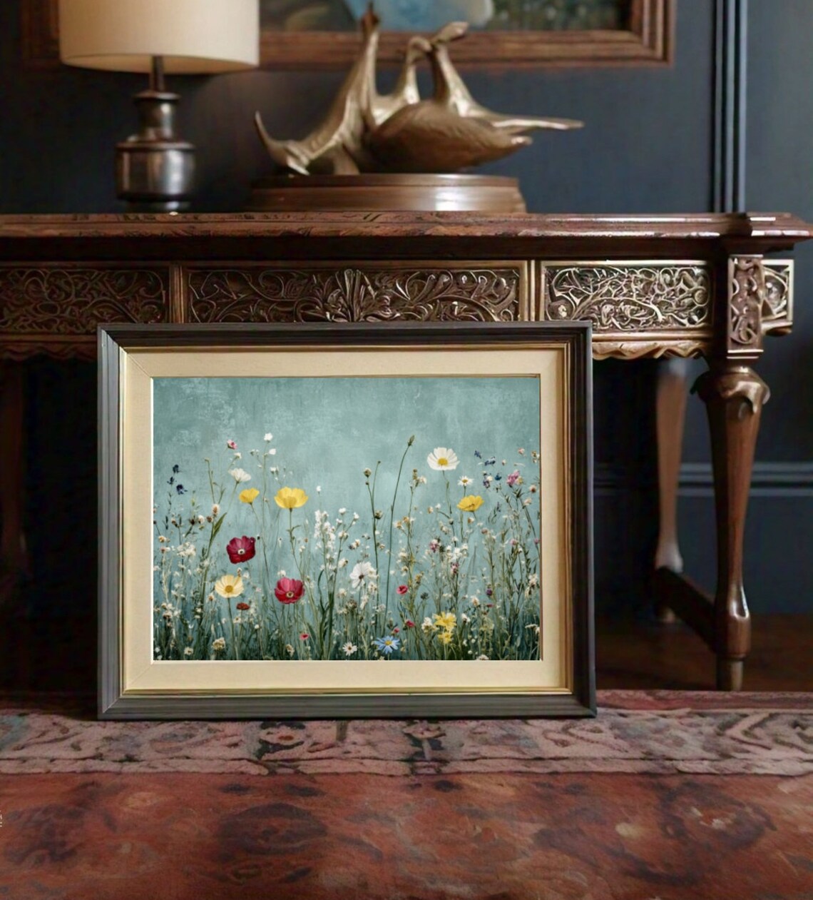 Wildflower Meadow Teal Background Vintage Botanical Painting Poster - Image 2
