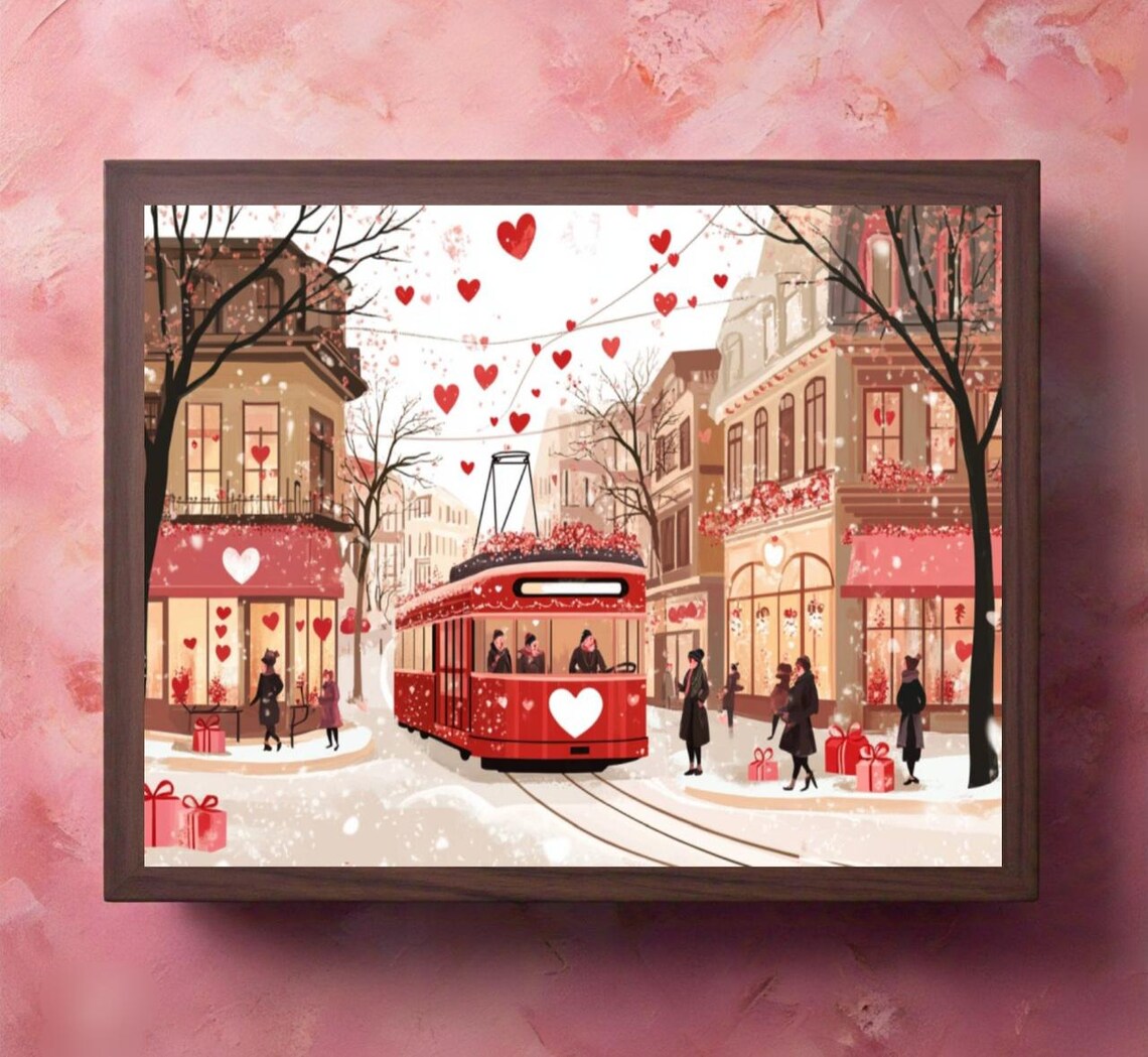 Red Tram Snowy Valentine Street Shops Hearts Winter Scene Poster