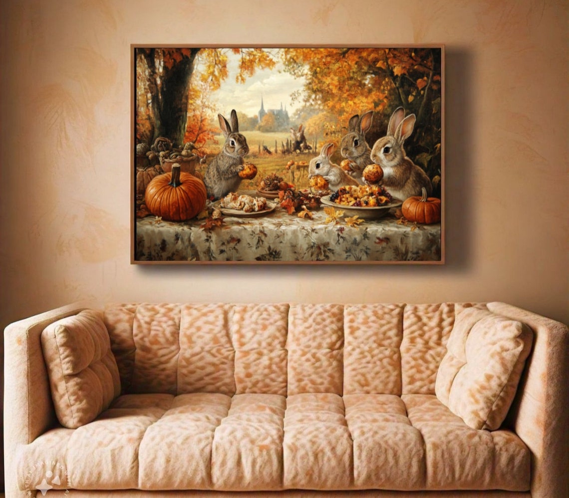 Rabbits Autumn Harvest Picnic Pumpkin Thanksgiving Cute Poster - Image 2