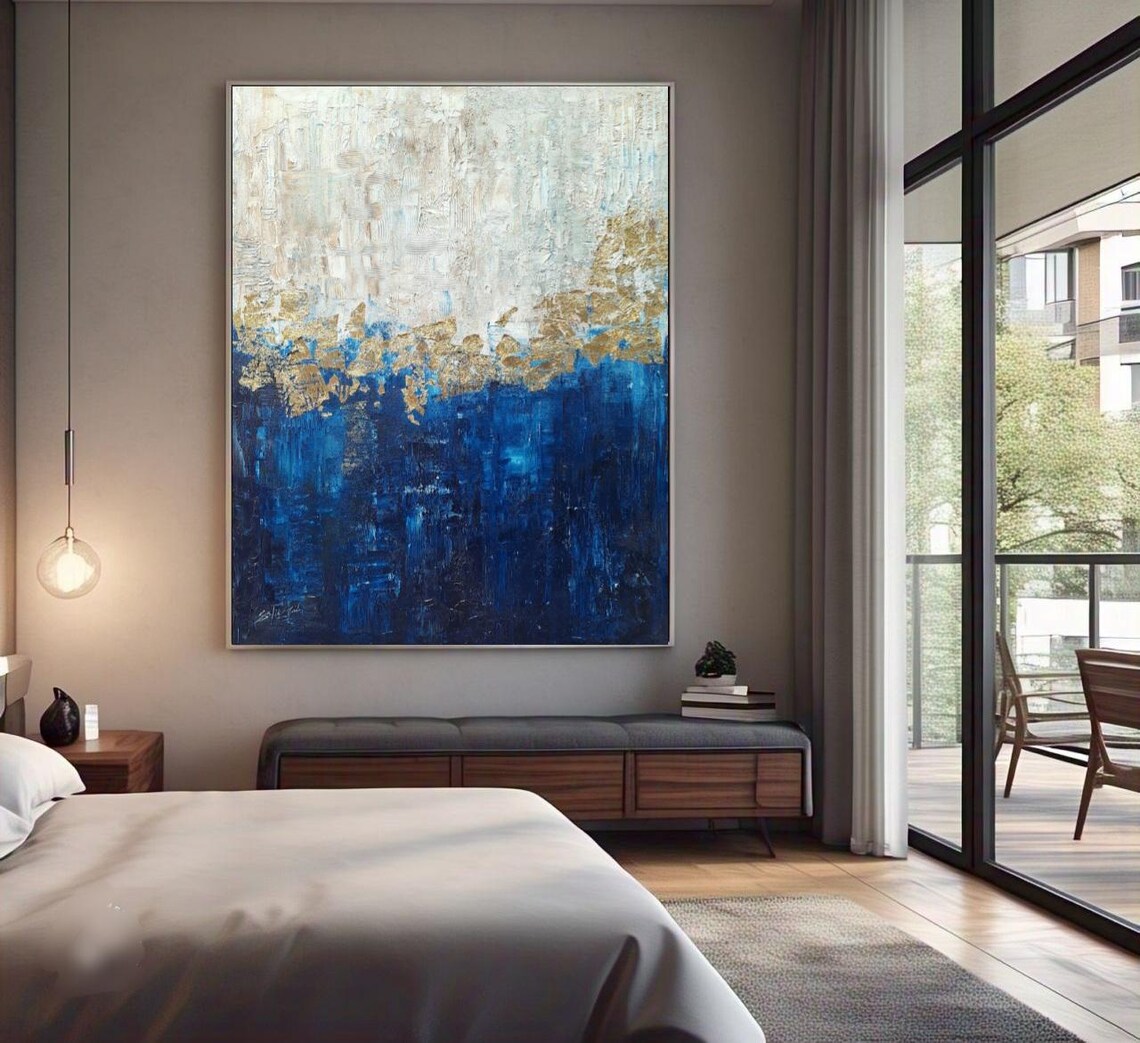Navy Blue White Gold Horizon Abstract Modern Painting Poster
