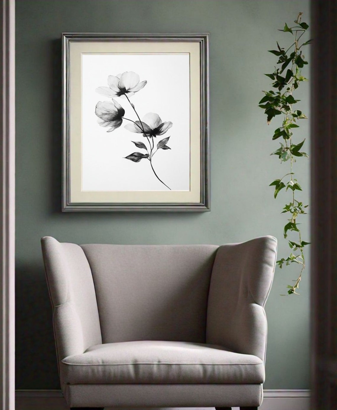 Minimalist Black White Botanical Flower Sketch Modern Art Poster - Image 2