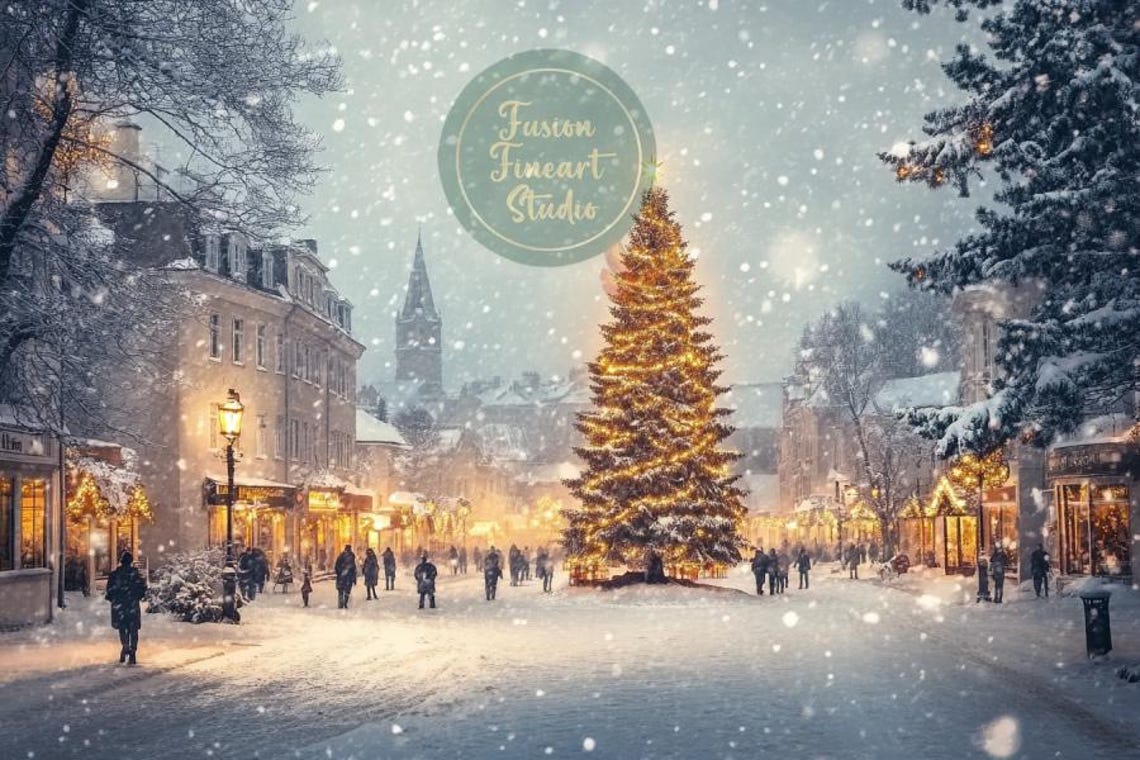 Snowy Town Square Christmas Tree Crowds Falling Snow Winter Poster - Image 3