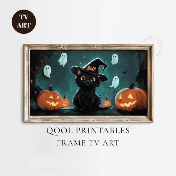 Cute Black Cat Witch Hat Halloween Ghosts Pumpkins Wall Art Decor