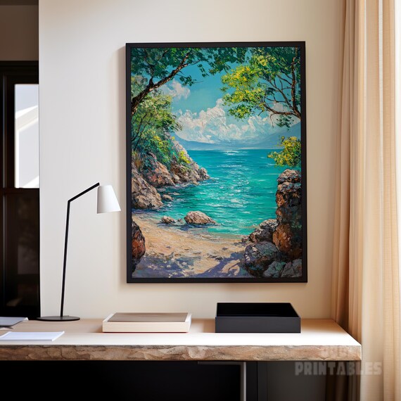 Tropical Cove Turquoise Ocean Beach Impasto Oil Painting Wall Art