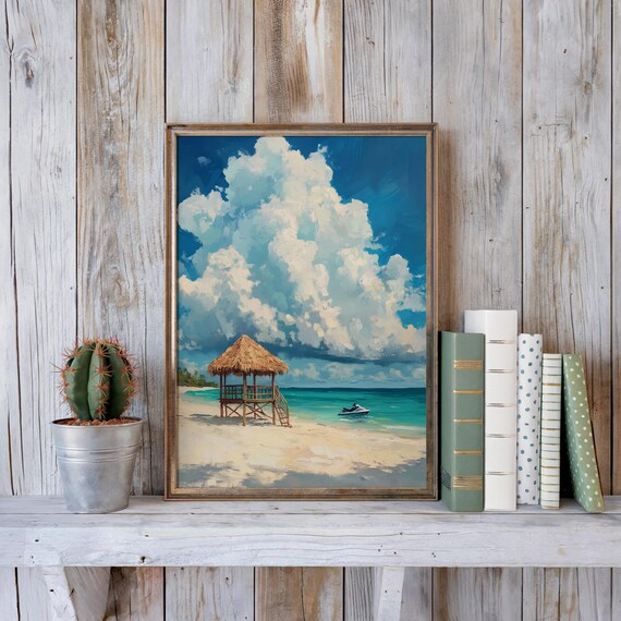 Tiki Hut Tropical Beach Ocean Clouds Impasto Painting Wall Art