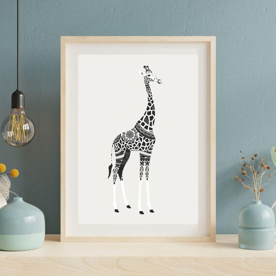 Tribal Giraffe Print Black And White Geometric Safari Animal Art