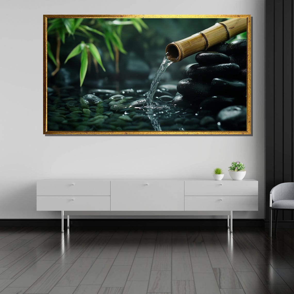 Bamboo Fountain Pouring Water Over Smooth Black Pebbles Poster - Image 5
