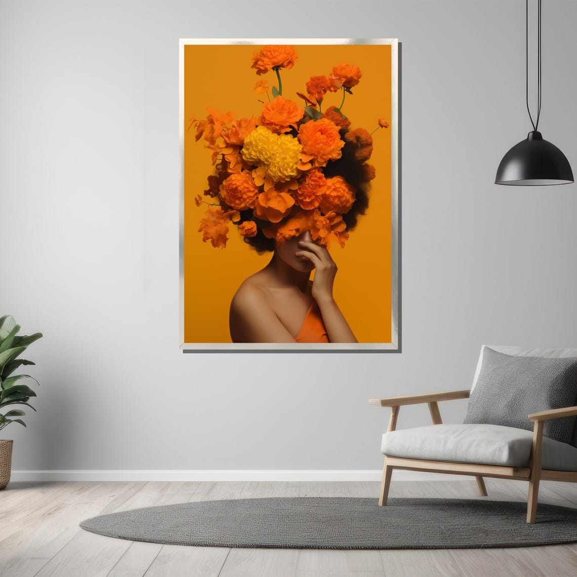 Orange Marigold Crown Woman Bold Botanical Portrait Art Poster - Image 3