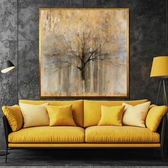Golden Serenity Painting Tranquil Tree Wall Art Rustic Forest Scene Nature Inspired Gift Elegant Home Decor For Relaxing Spaces