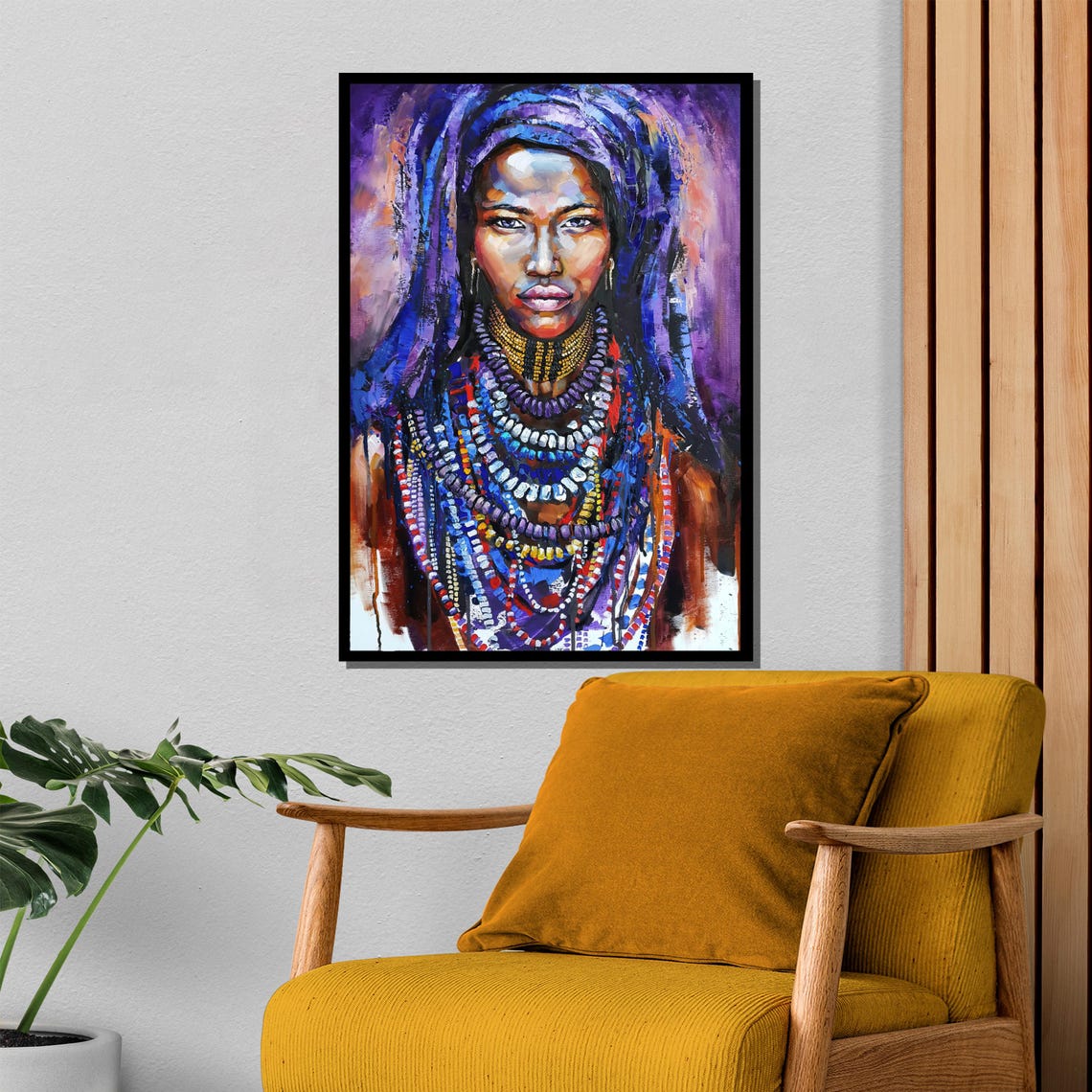 Tribal Woman With Beaded Necklaces Blue Veil Painterly Art Poster - Image 4