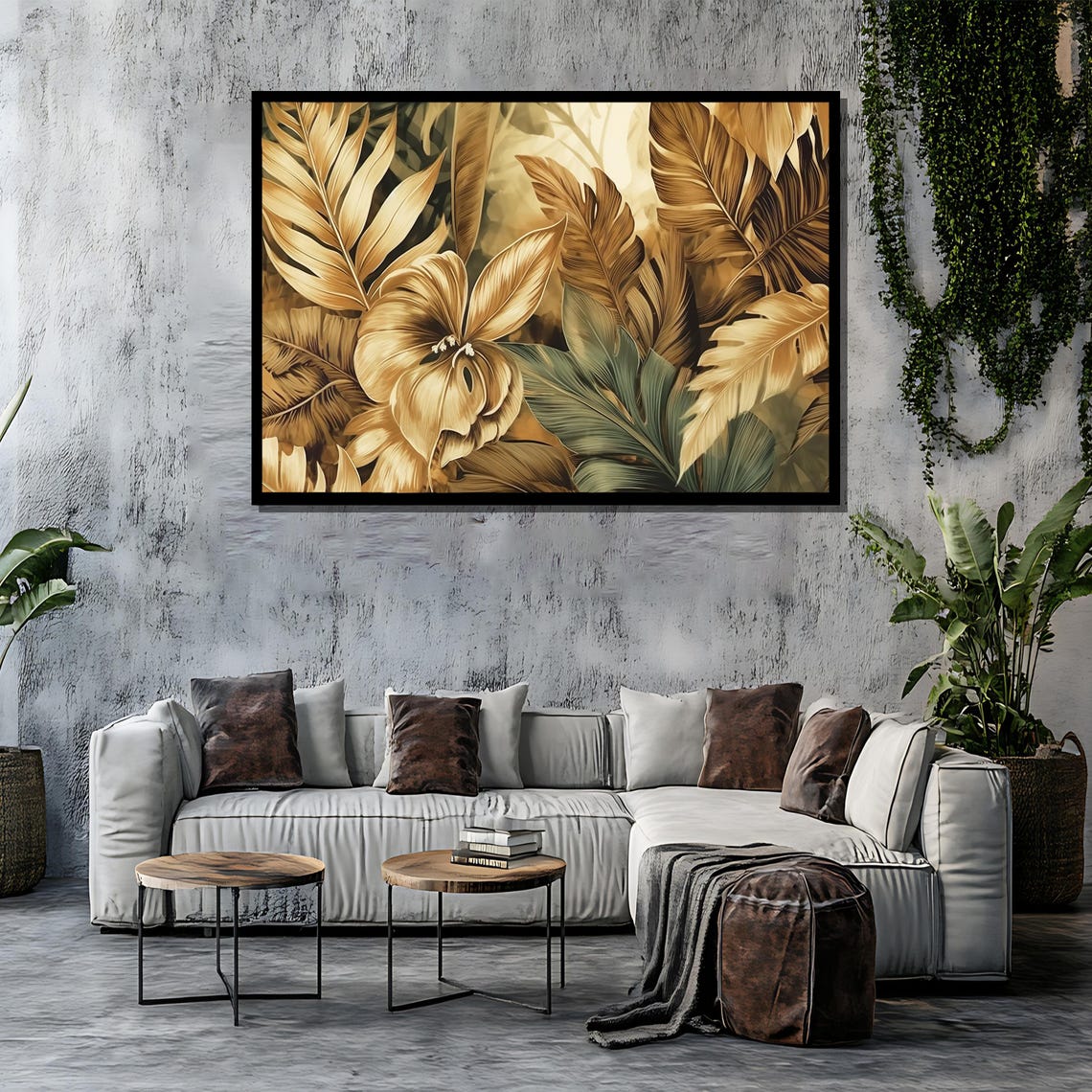 Golden Tropical Leaves and Bloom Botanical Wall Painting Poster - Image 4