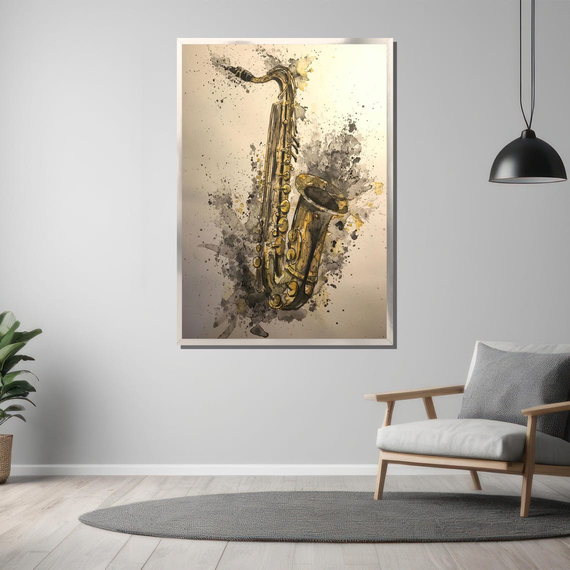 Watercolor Saxophone With Grey Ink Splash Jazz Music Art Poster - Image 3
