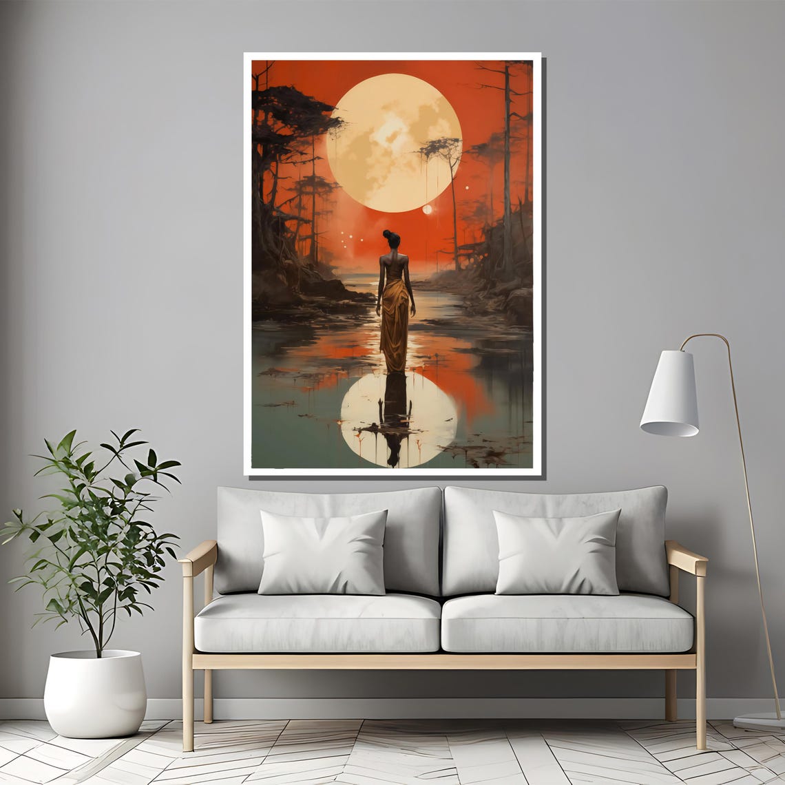 Lone Woman Walking Into Moonlit River Surreal Night Art Poster - Image 2