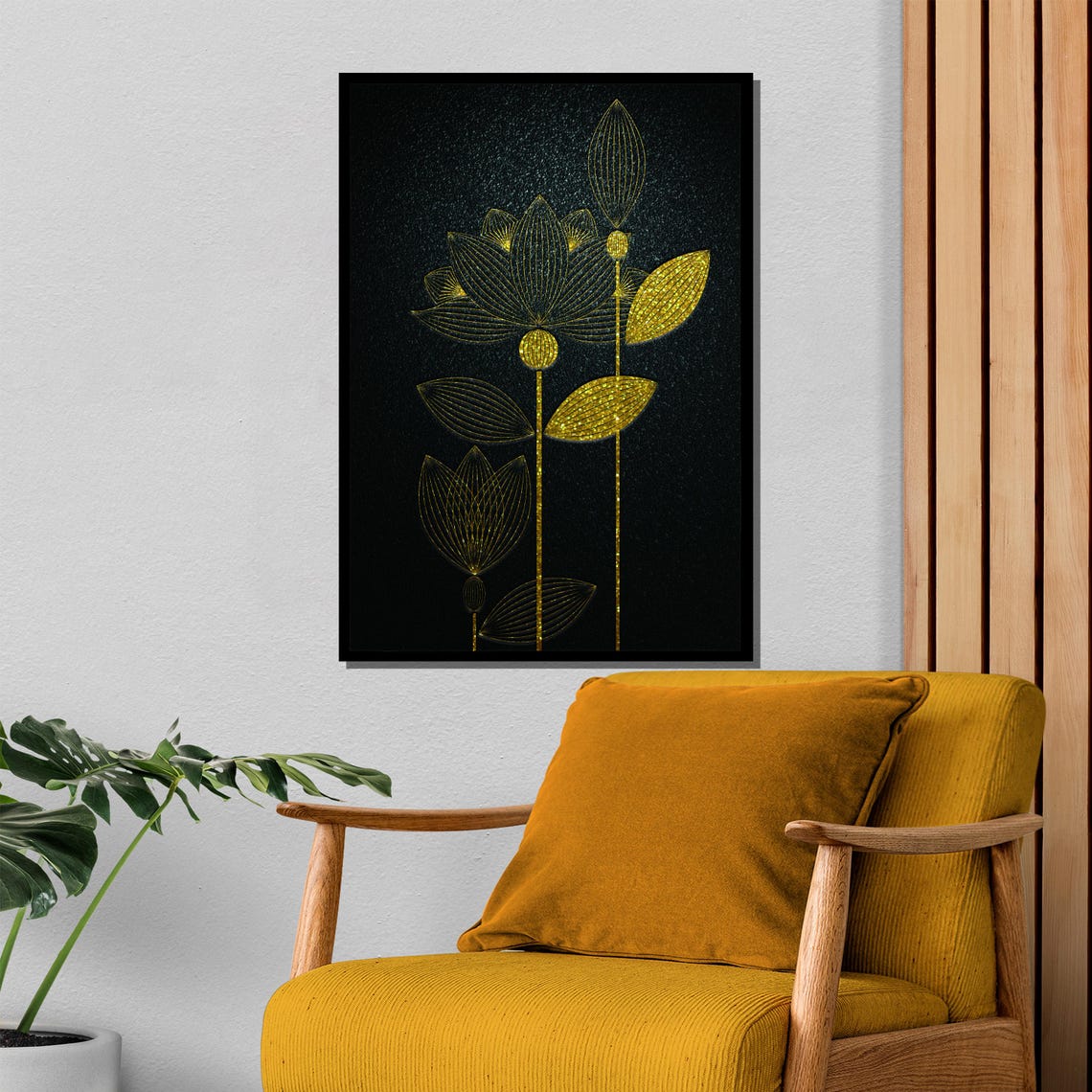 Minimalist Gold Lotus Line Art On Black Dark Background Poster - Image 4