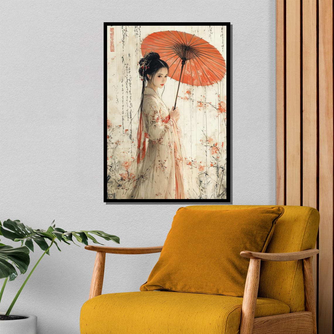 Graceful Asian Woman With Red Parasol Delicate Ink Floral Art Poster - Image 4