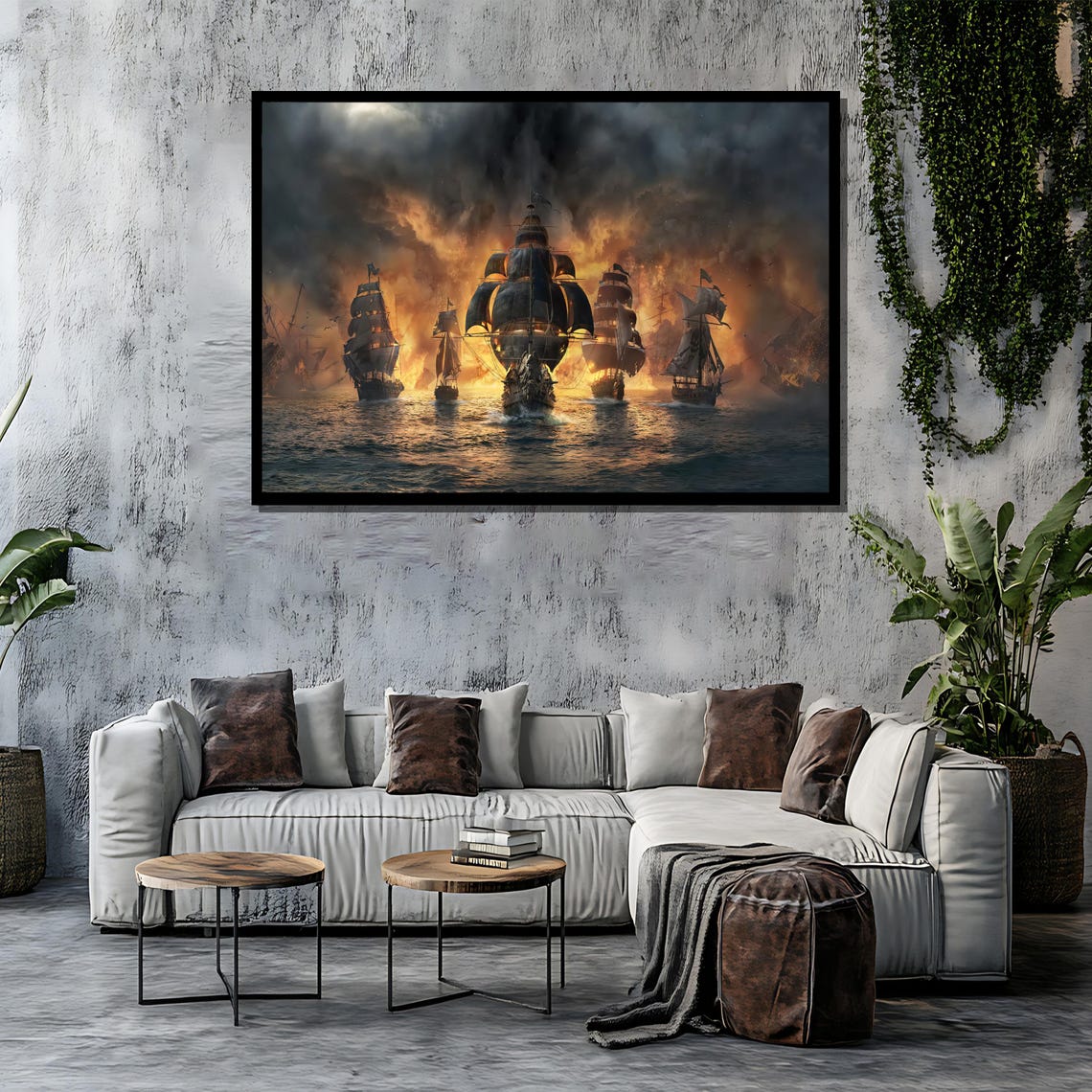 Epic Naval Battle Painting Dramatic Fiery Ship Scene Art Gift For Historical War Enthusiasts And Bold Wall Decor - Image 4