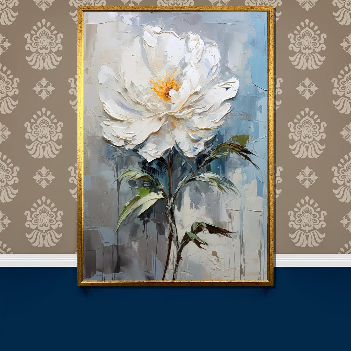 White Peony Thick Impasto Bloom Soft Gray Botanical Art Poster
