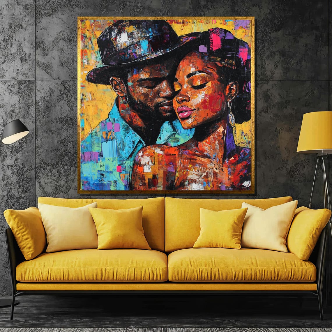 Romantic Afrocentric Couple Embrace Colorful Abstract Art Poster
