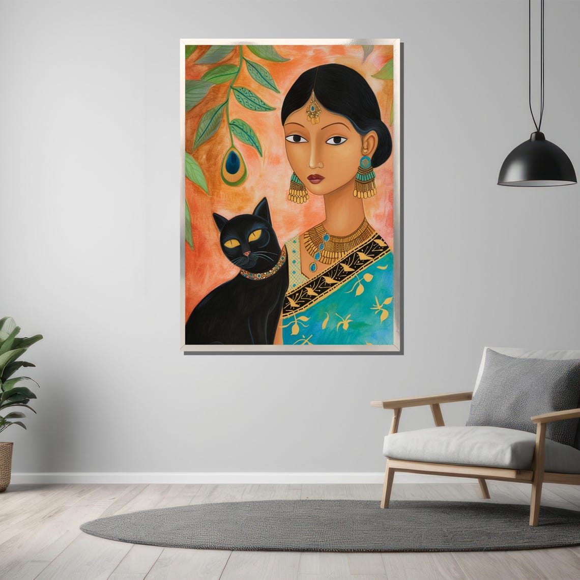 Graceful Indian Woman With Black Cat And Peacock Feather Art Poster - Image 3
