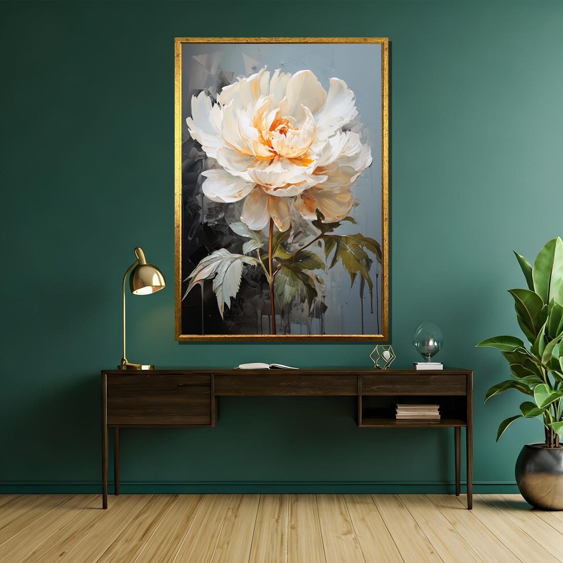 White Peony with Peach Center on a Dark Drip Background Poster - Image 5
