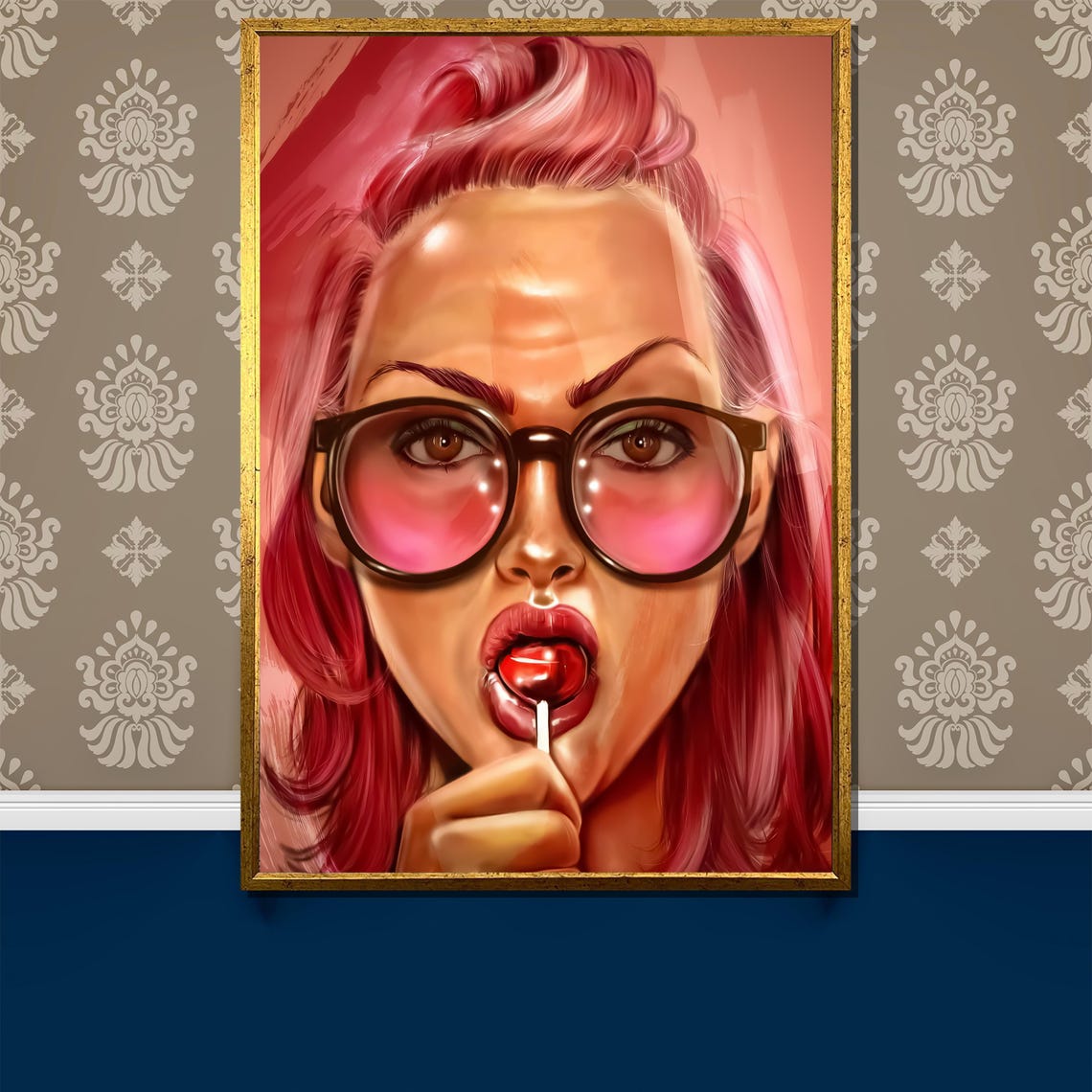 Pink Hair Sunglasses Lollipop Pop Art Woman Beauty Elegant Poster