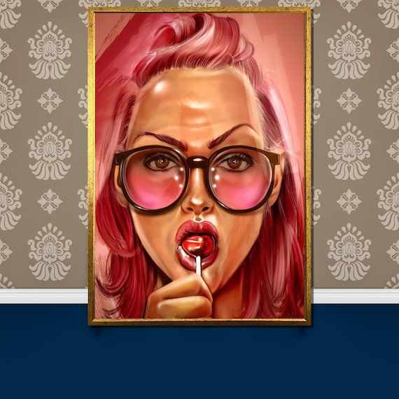 Pink Hair Sunglasses Lollipop Pop Art Woman Beauty Elegant Poster