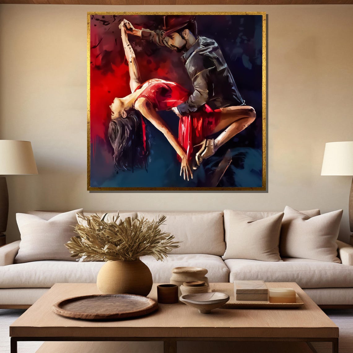Dramatic Salsa Dip in Red Dress Moody Dark Night Oil Art Poster - Image 5