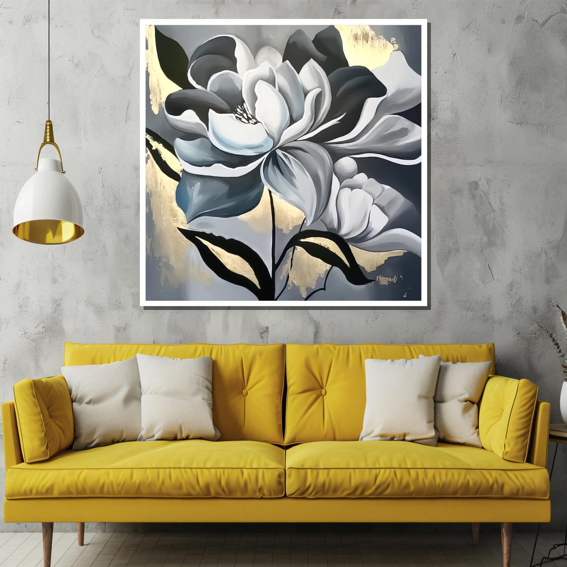 Monochrome Floral Bloom with Striking Gold Accents Art Poster - Image 2