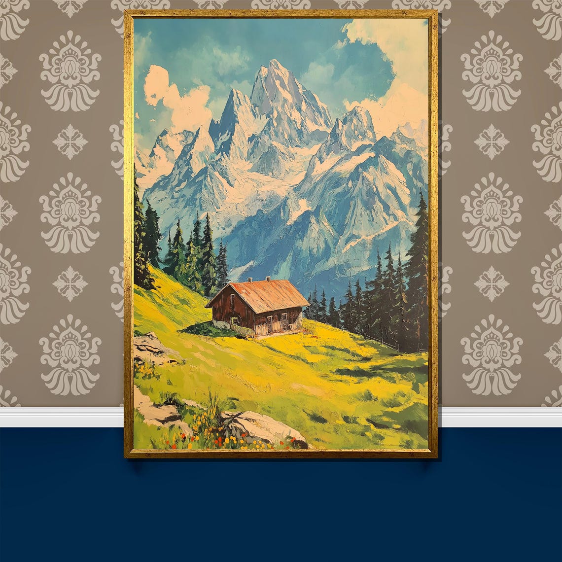 Alpine Cabin In A Green Meadow Below Towering Snowy Peaks Poster